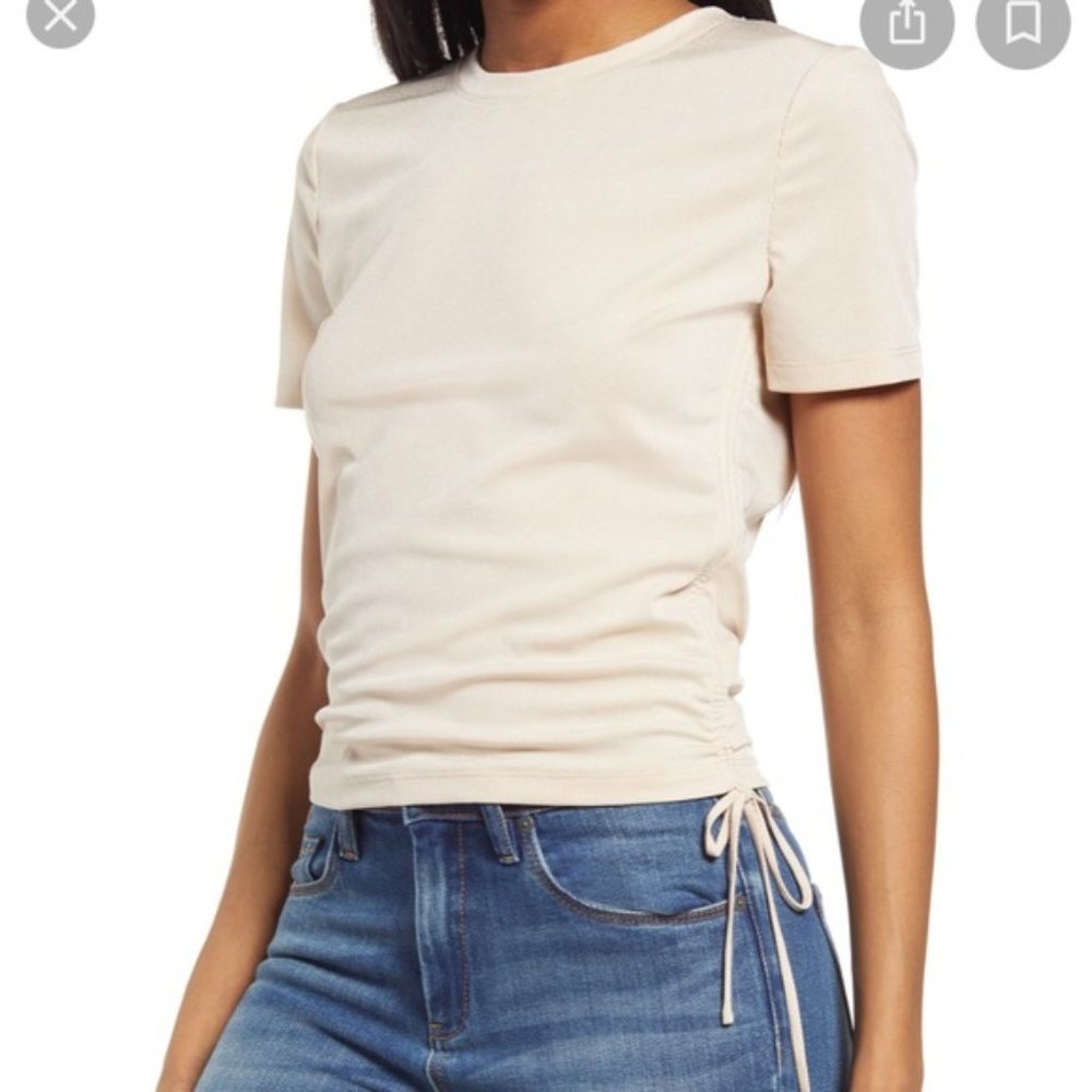 NWOT Wayf White Ribbed Ruched Tied Side Crew Neck Tee Shirt Sz M